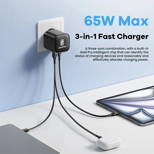 65W GaN USB Charger with Retractable Type-C Cable