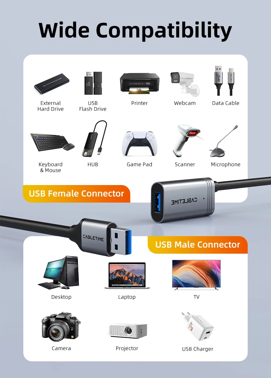 CABLETIME USB 3.0 Active Extension Cable – Male to Female