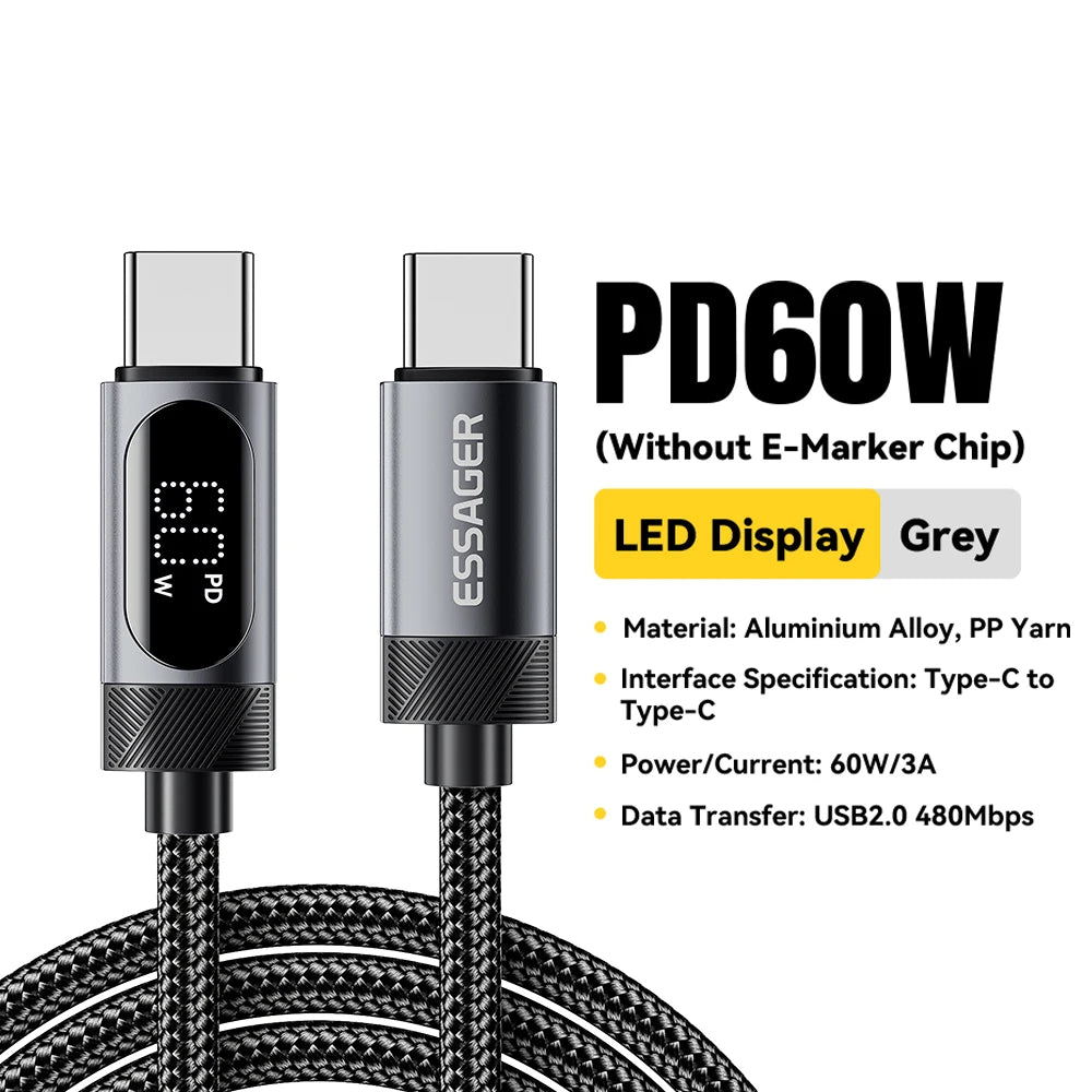Essager Braided USB-C PD Charging Cable – 100W with Digital Display