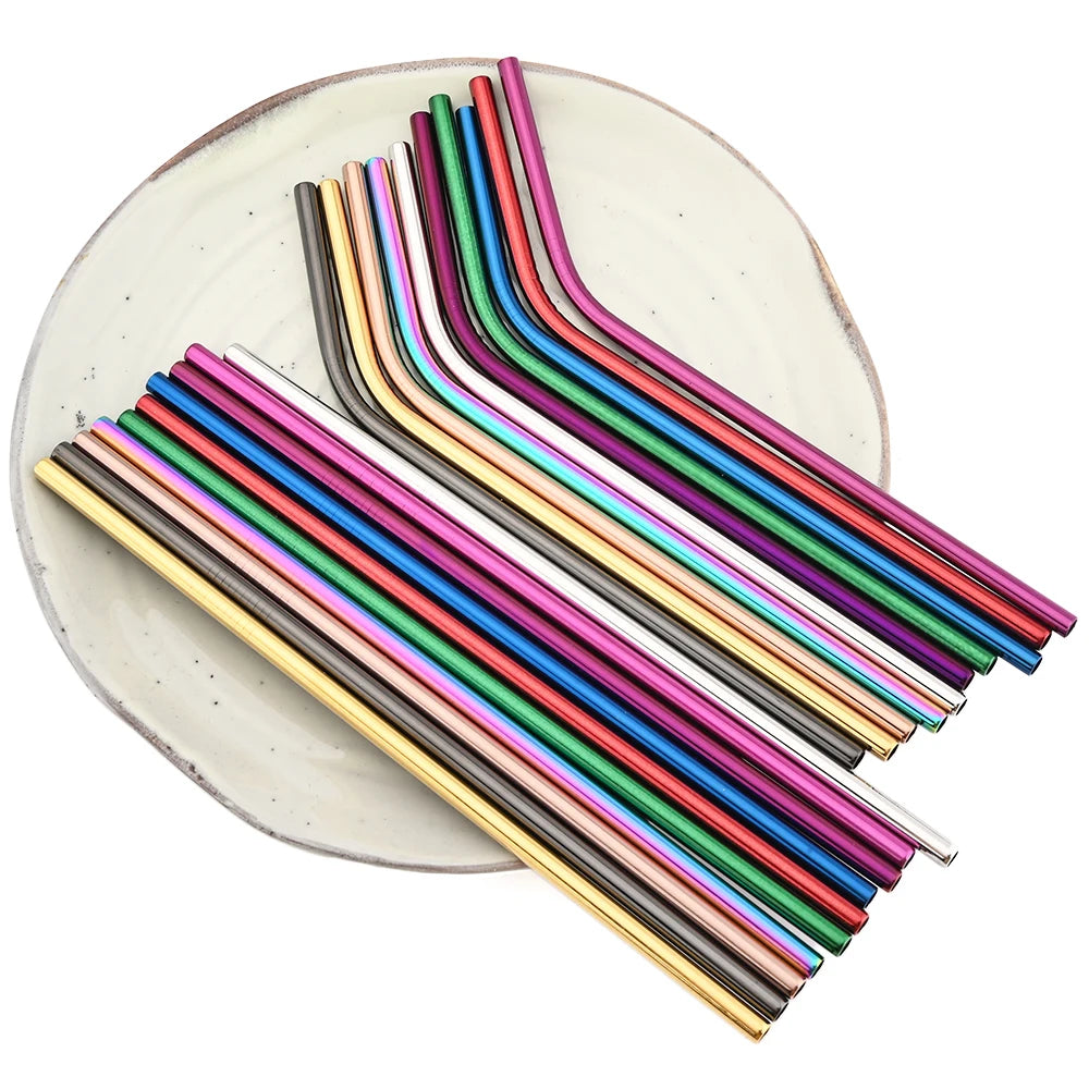 Reusable 304 Stainless Steel Metal Drinking Straws Set with Cleaning Brush