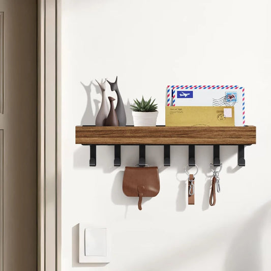 Wooden Wall Key Holder with Shelf & 6 Hooks