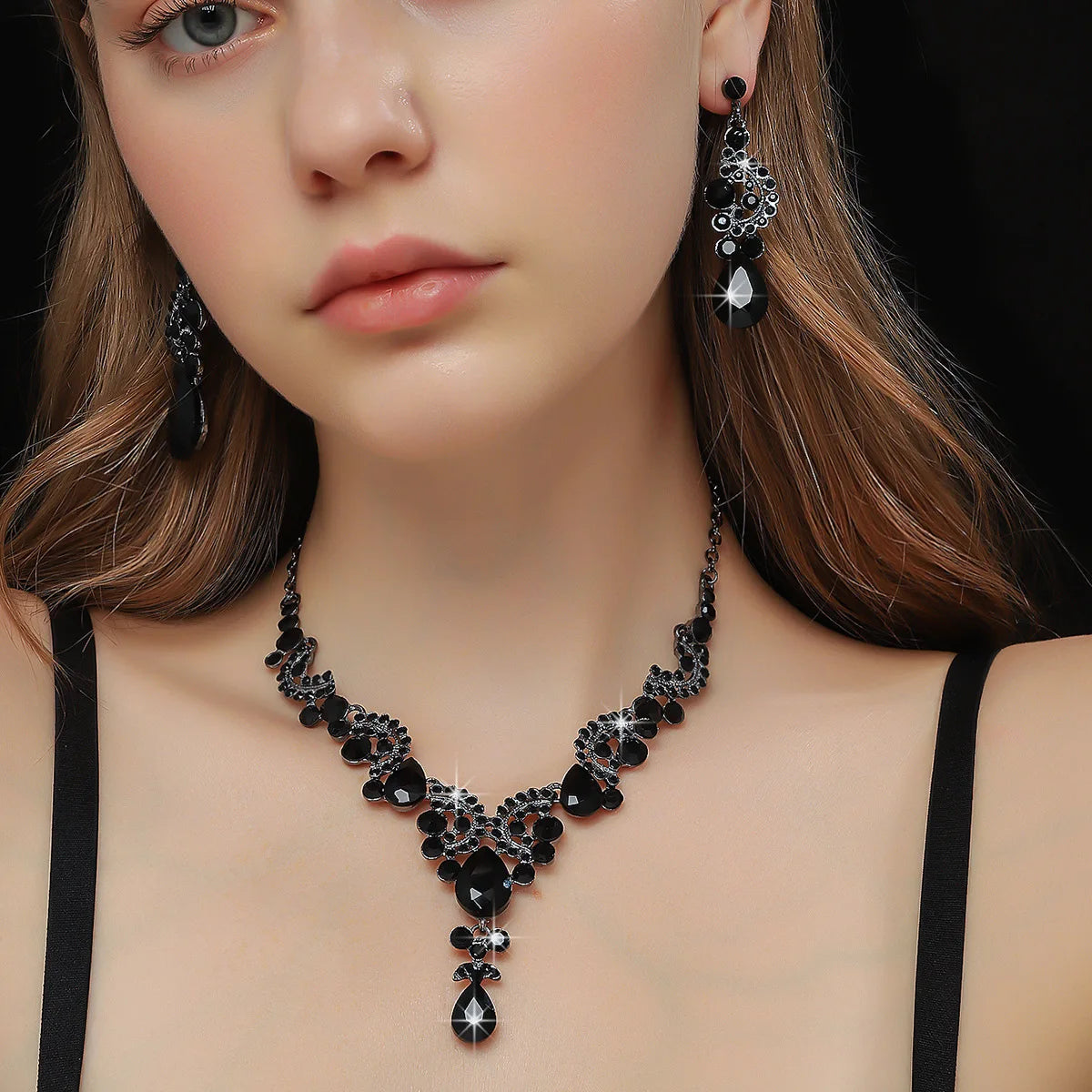 Black Water Drop Crystal Necklace & Earring Set