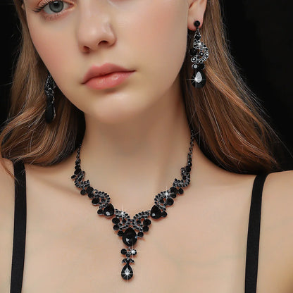 Black Water Drop Crystal Necklace & Earring Set
