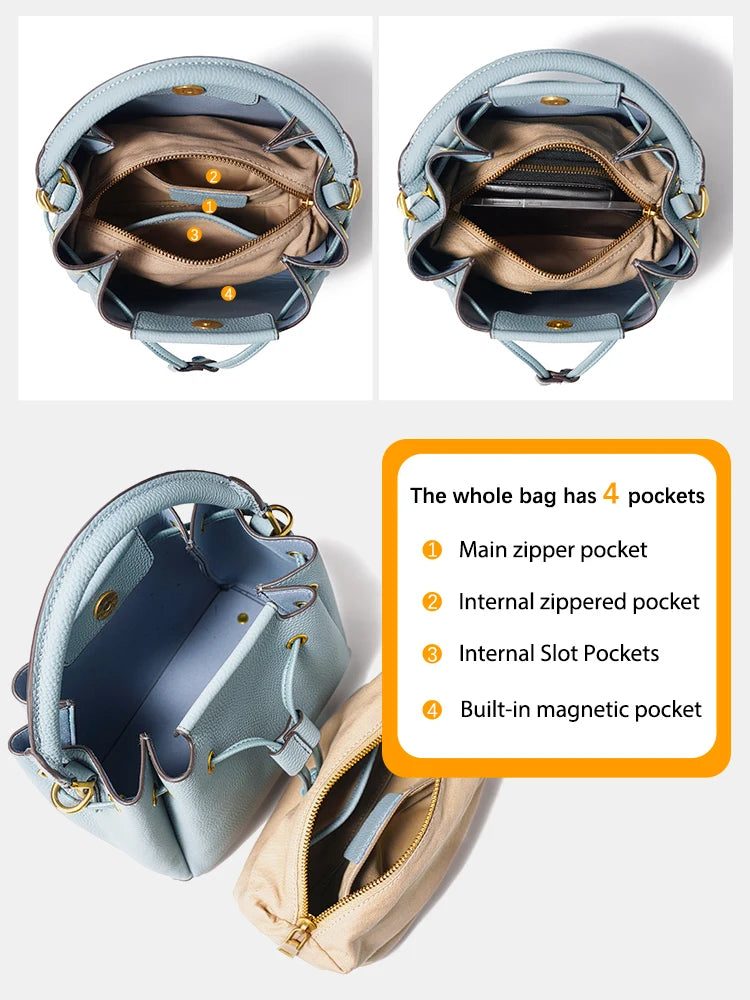 Genuine Leather Top-Handle Bucket Bag