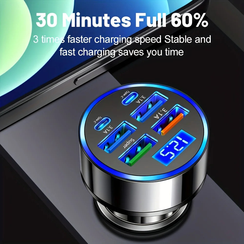 6-in-1 Fast Charging Car Charger with Digital Display