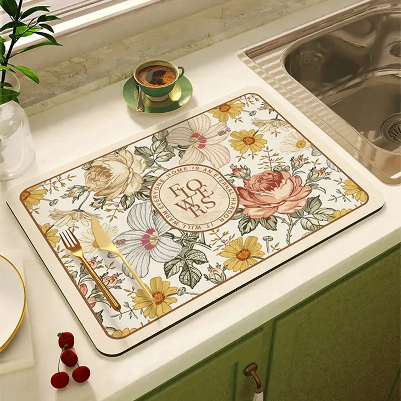 Super Absorbent Floral Dish Drying Mat