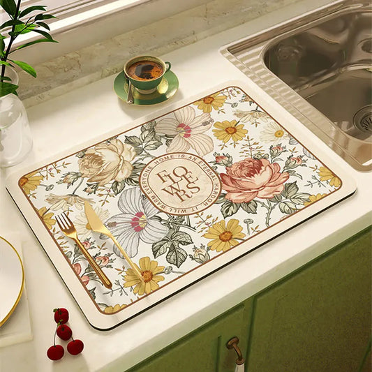 Super Absorbent Floral Dish Drying Mat