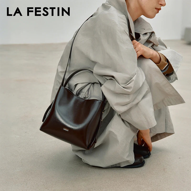 LA FESTIN Split Leather Bucket Tote Bag