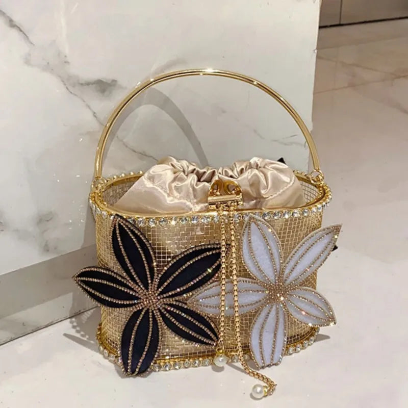 Handmade Floral Rhinestone Bucket Evening Bag