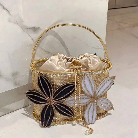Handmade Floral Rhinestone Bucket Evening Bag
