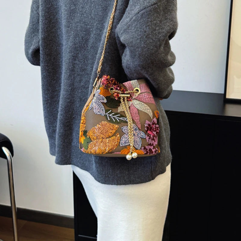 Floral Embroidered Bucket Crossbody Bag