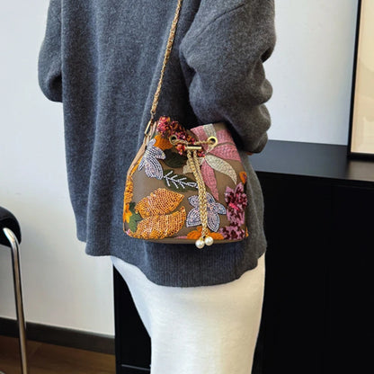 Floral Embroidered Bucket Crossbody Bag