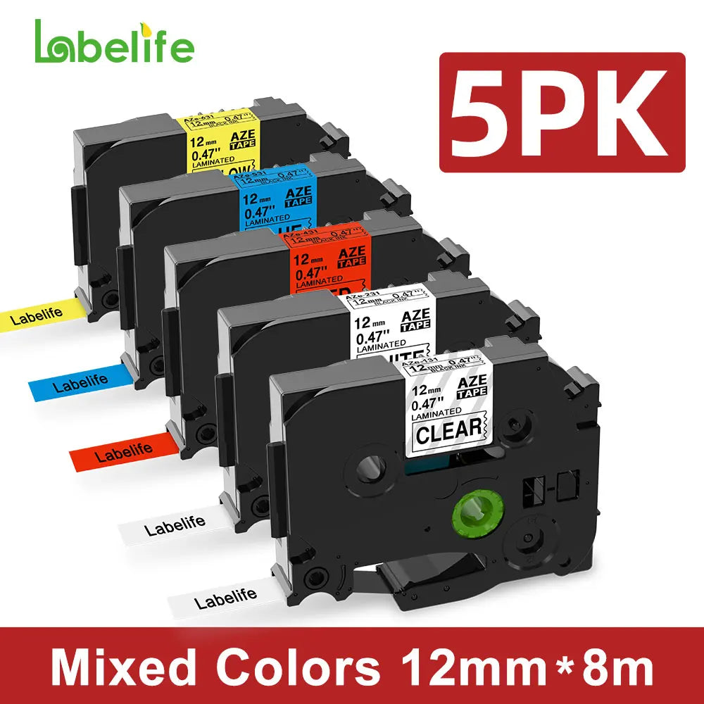 Labelife 5-Pack Compatible Brother P-Touch Label Tape Set