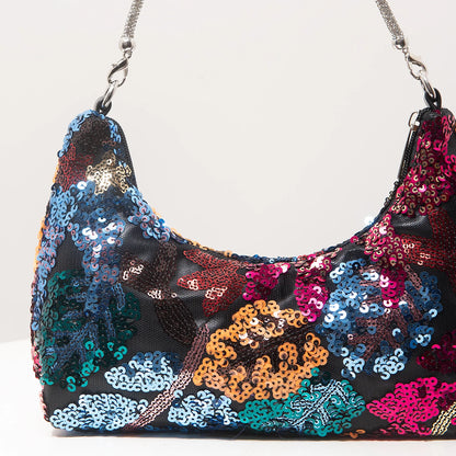 Floral Embroidered Sequin Shoulder Bag