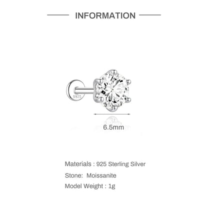 925 Sterling Silver Round Moissanite Stud Earring