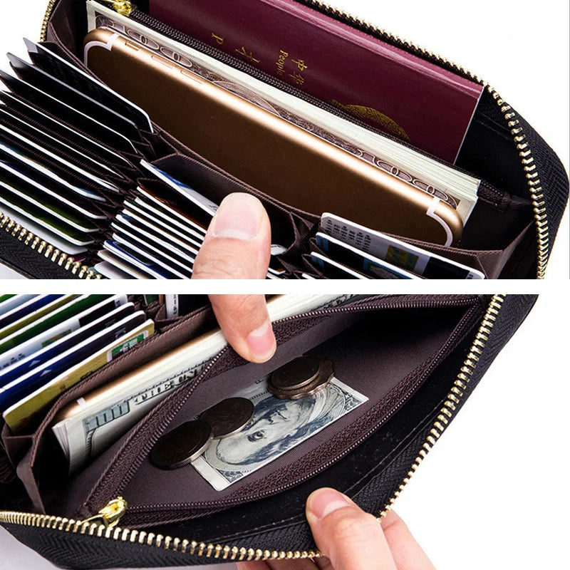 Genuine Cow Leather Zip-Around Wallet with 36 Card Slots