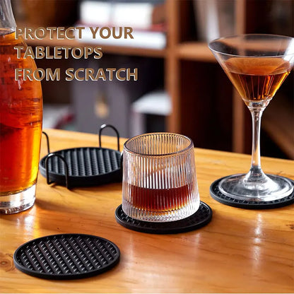 Set of 6 Silicone Drink Coasters with Holder