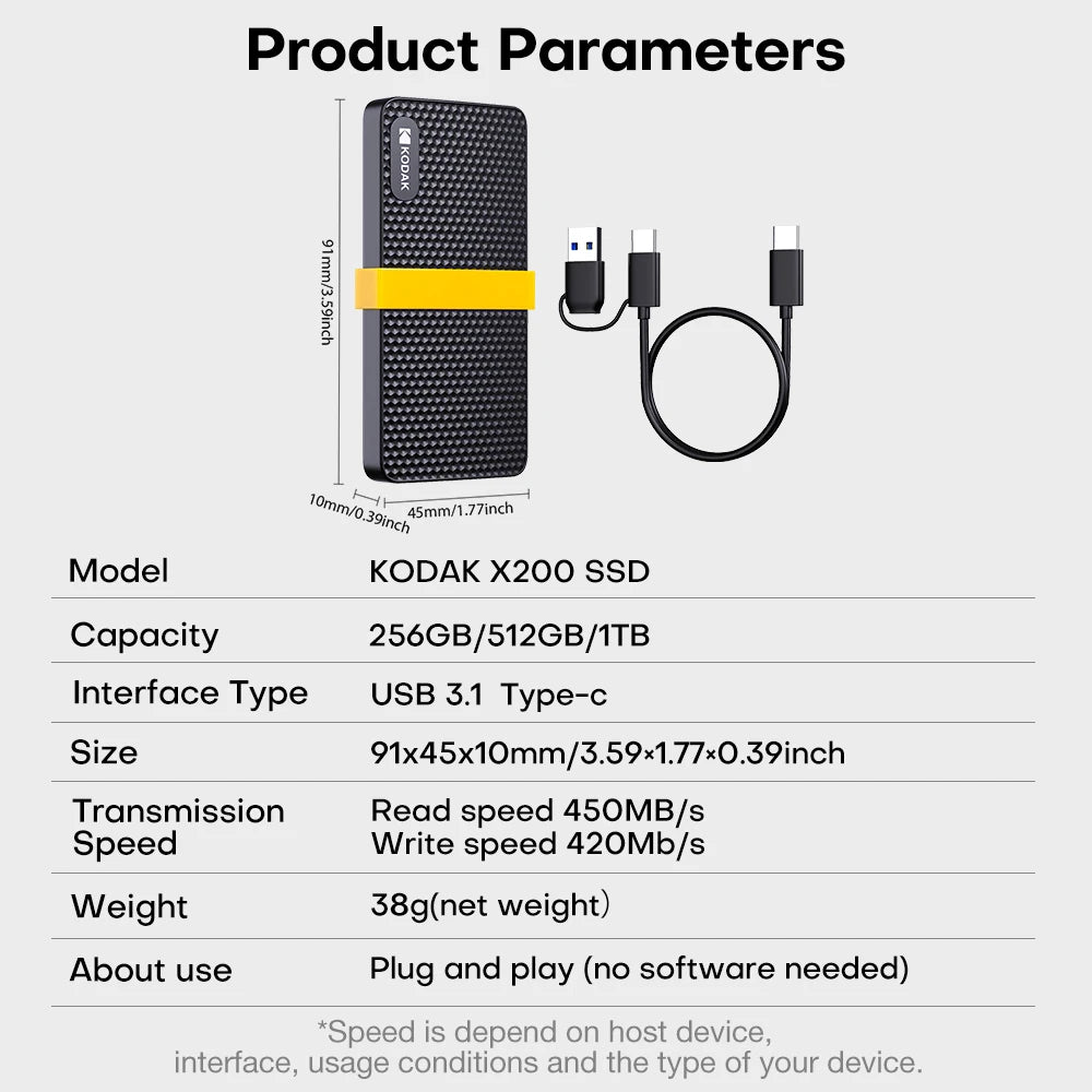 KODAK X200 Portable External SSD USB 3.1 Type-C