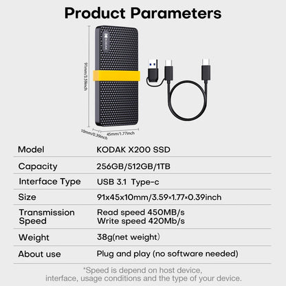 KODAK X200 Portable External SSD USB 3.1 Type-C