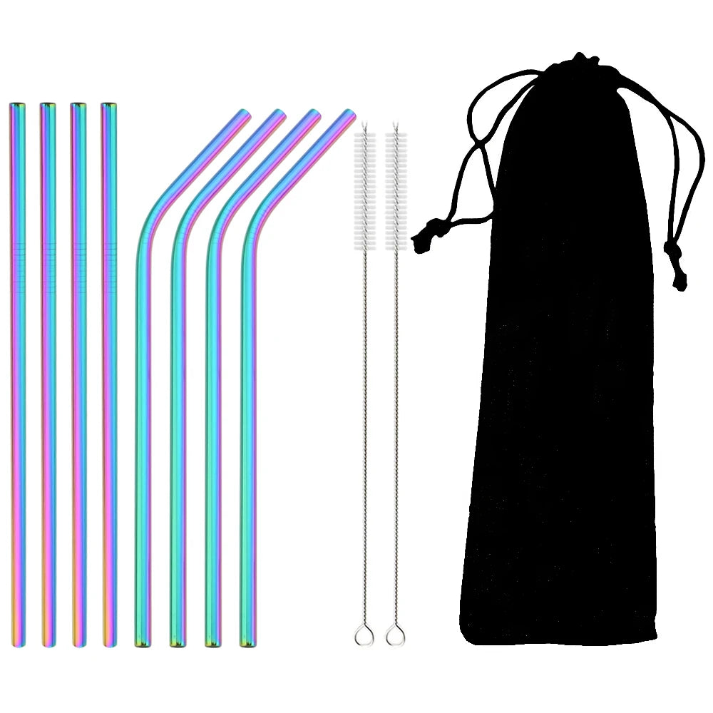 Reusable 304 Stainless Steel Metal Drinking Straws Set with Cleaning Brush