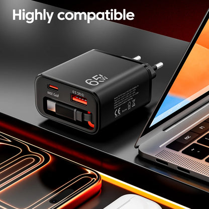 65W USB-C Fast Charger with Retractable Cable