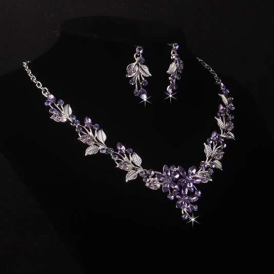 Purple Leaf Flower Wedding Necklace & Earring Set