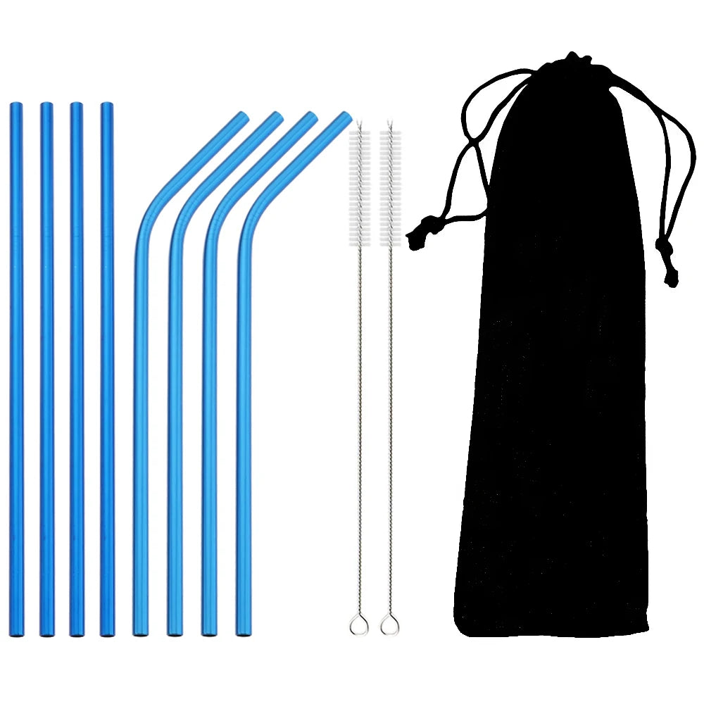 Reusable 304 Stainless Steel Metal Drinking Straws Set with Cleaning Brush