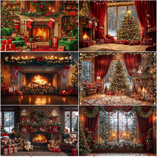 Vintage Christmas Fireplace Photography Backdrop