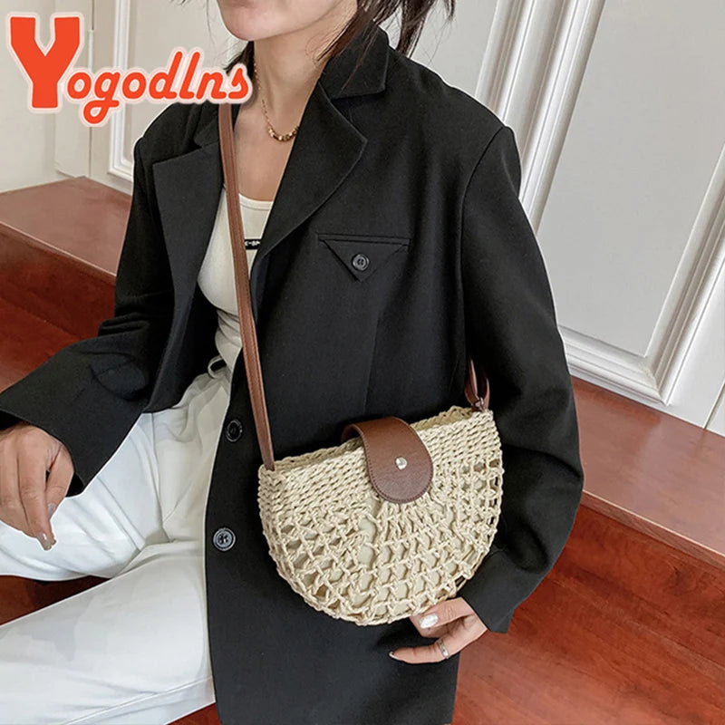 Handmade Half Moon Straw Crossbody Bag