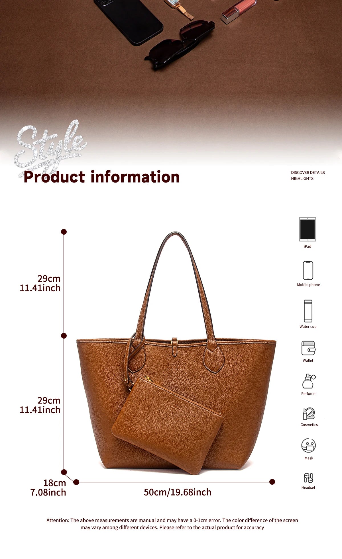 Women’s PU Leather Tote Bag with Matching Pouch
