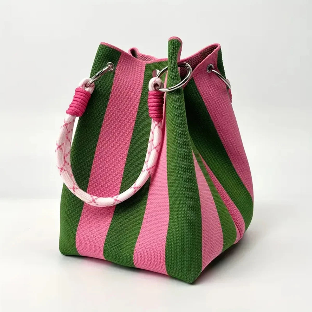 Color Block Knitted Cotton Bucket Tote Bag
