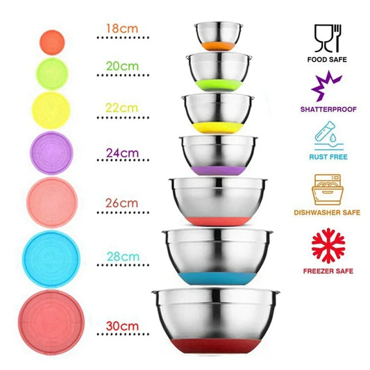 Stainless Steel Mixing Bowl with Lid & Non-Slip Silicone Base