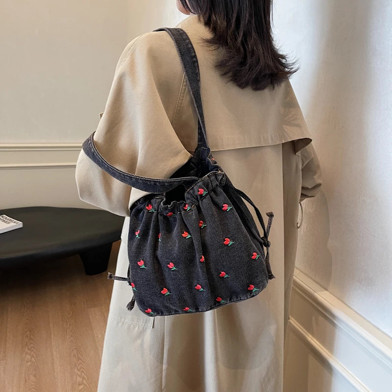 Embroidered Denim Drawstring Shoulder Tote Bag