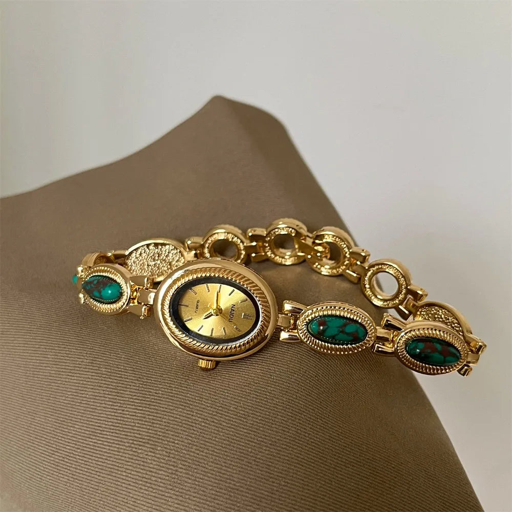 Oval Gemstone-Style Quartz Bracelet Watch