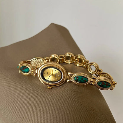 Oval Gemstone-Style Quartz Bracelet Watch