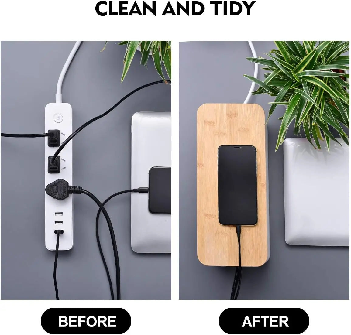 Cable Management Box with Bamboo-Style Lid