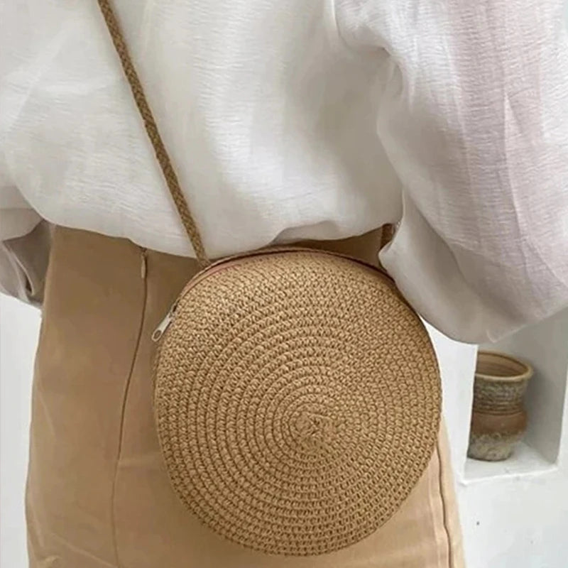 Handwoven Round Straw Crossbody Bag