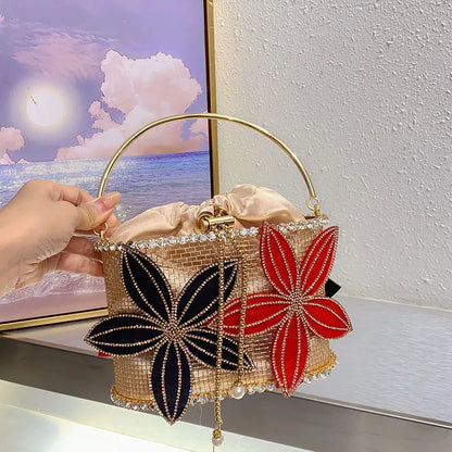 Handmade Floral Rhinestone Bucket Evening Bag