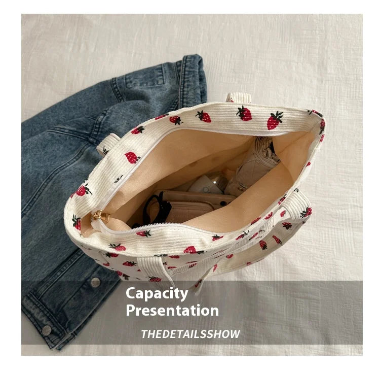 Corduroy Strawberry Print Tote Bag