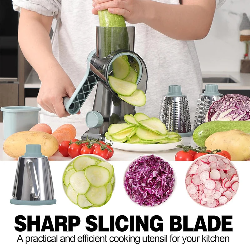3-in-1 Rotary Cheese Grater & Vegetable Slicer with Stainless Steel Blades