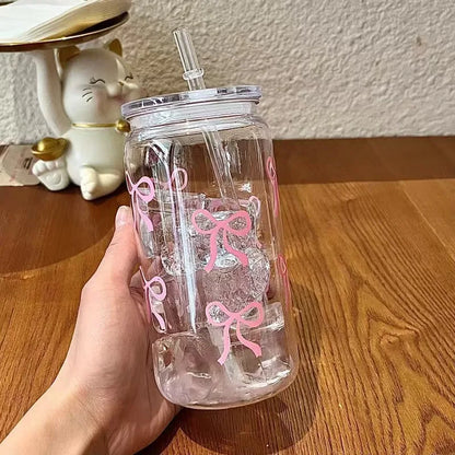 Butterfly Bow Glass Tumbler with Straw & Leakproof Lid
