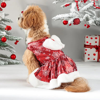 Christmas Dog Dress with Bow & Faux Fur Trim