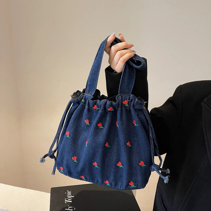 Embroidered Denim Drawstring Shoulder Tote Bag