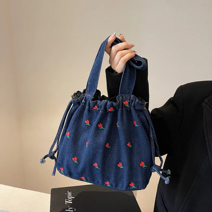 Embroidered Denim Drawstring Shoulder Tote Bag