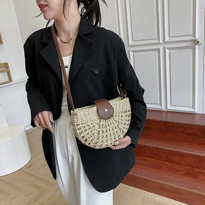 Handmade Half Moon Straw Crossbody Bag
