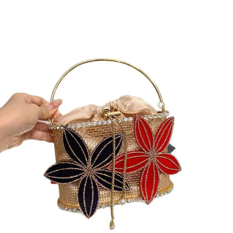 Handmade Floral Rhinestone Bucket Evening Bag