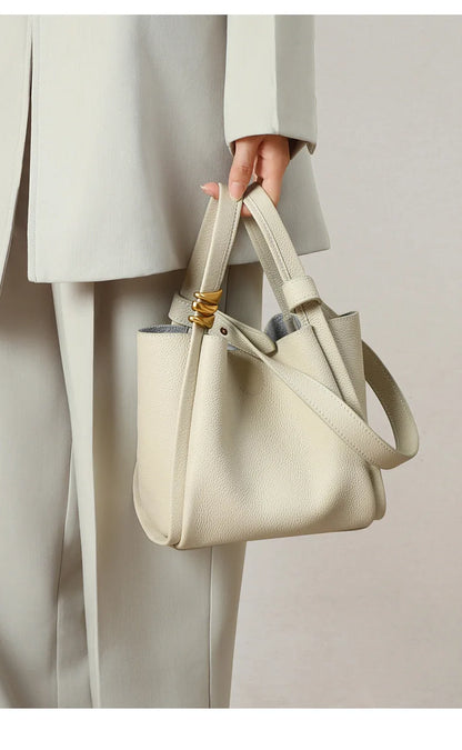 Genuine Leather Yellow Bucket Tote Bag for Women