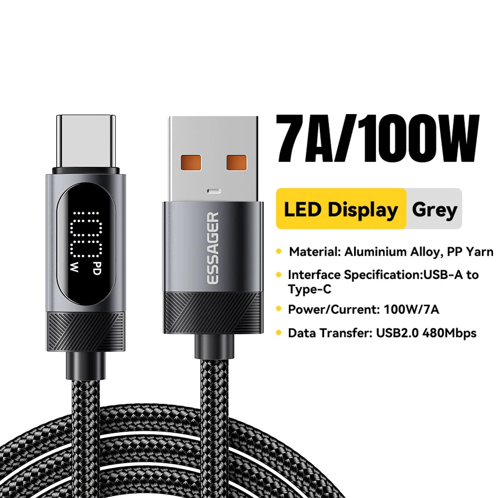 Essager Braided USB-C PD Charging Cable – 100W with Digital Display