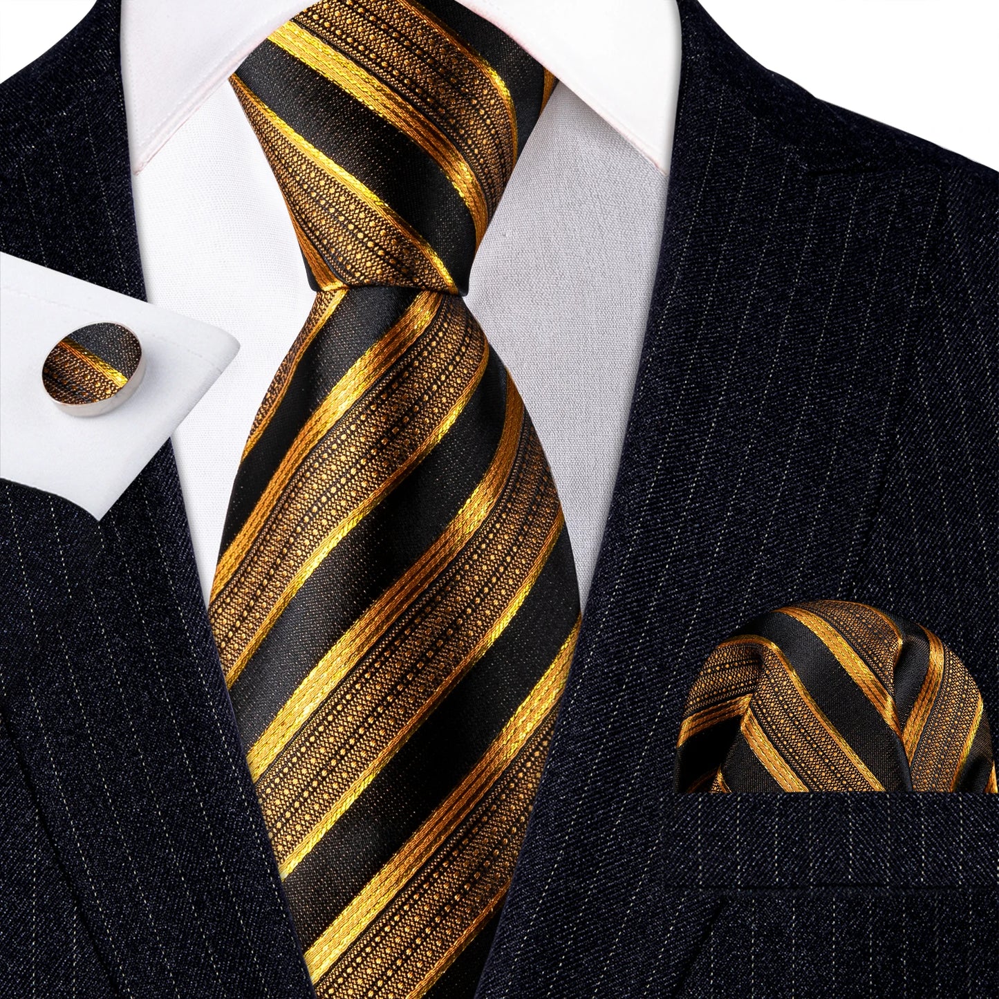 Barry Wang Jacquard Striped Silk Men's Tie Pocket Square Cufflinks Set