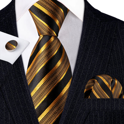 Barry Wang Jacquard Striped Silk Men's Tie Pocket Square Cufflinks Set